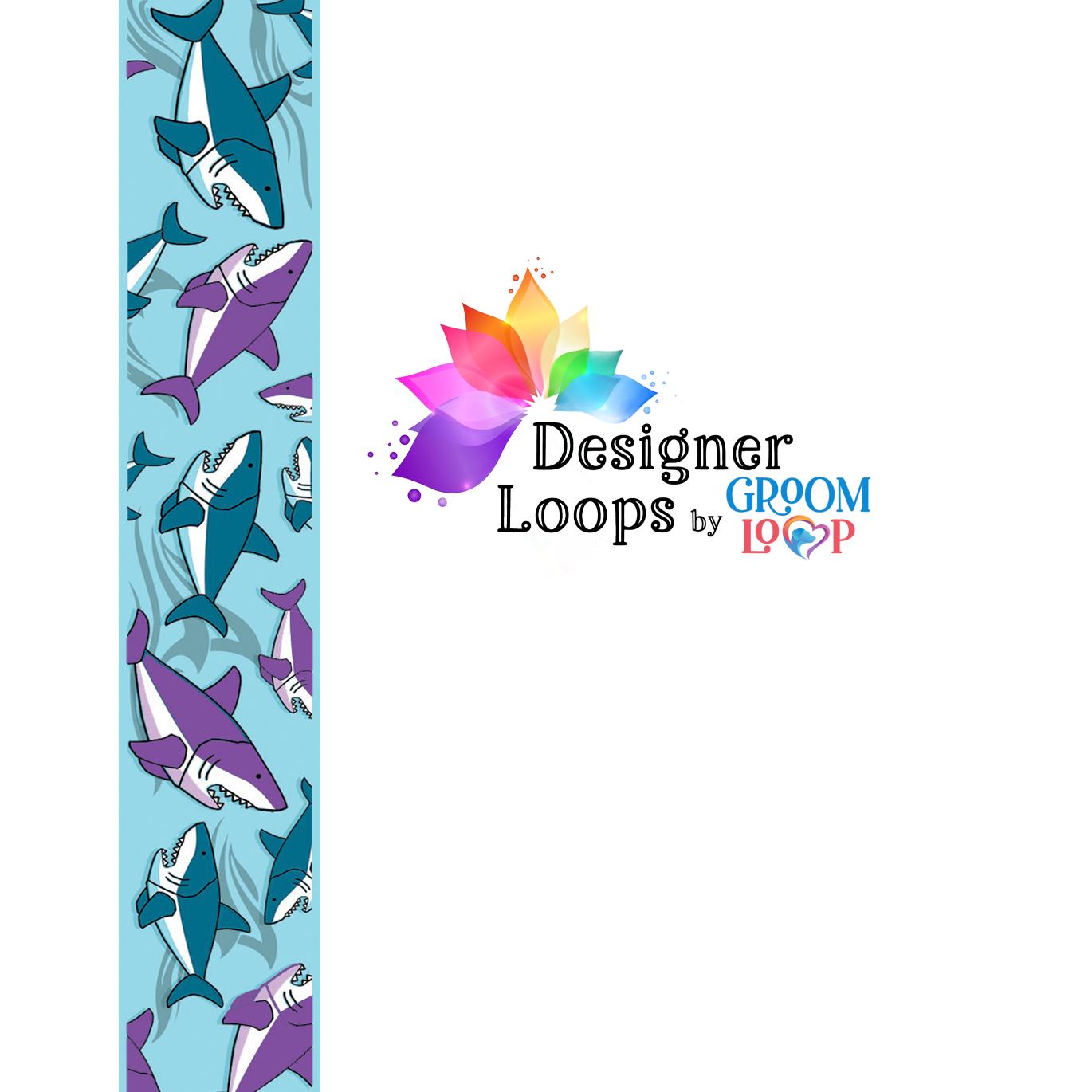 A vertical strip of repeating shark pattern on a light blue background, shown next to the logo for Designer Loops by Groom Loop on a white background.