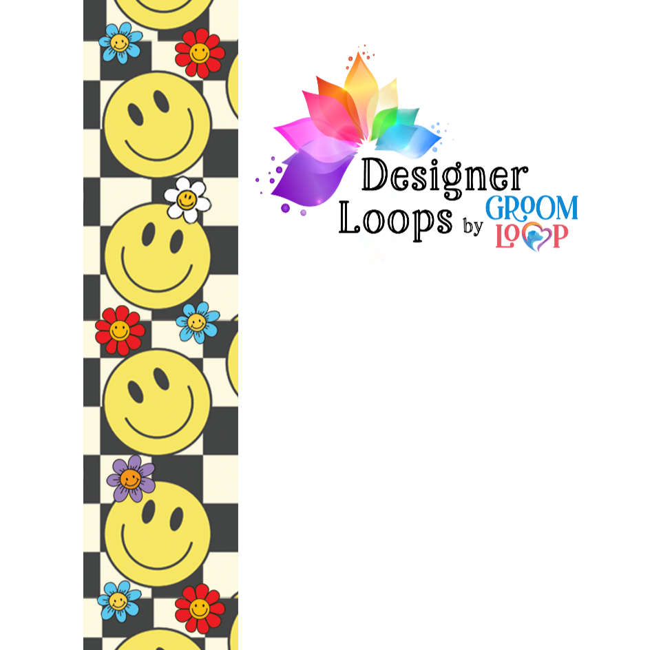 Strip of fabric with smiley face pattern and checkered border, featuring 'Designer Loops by Groom' branding.