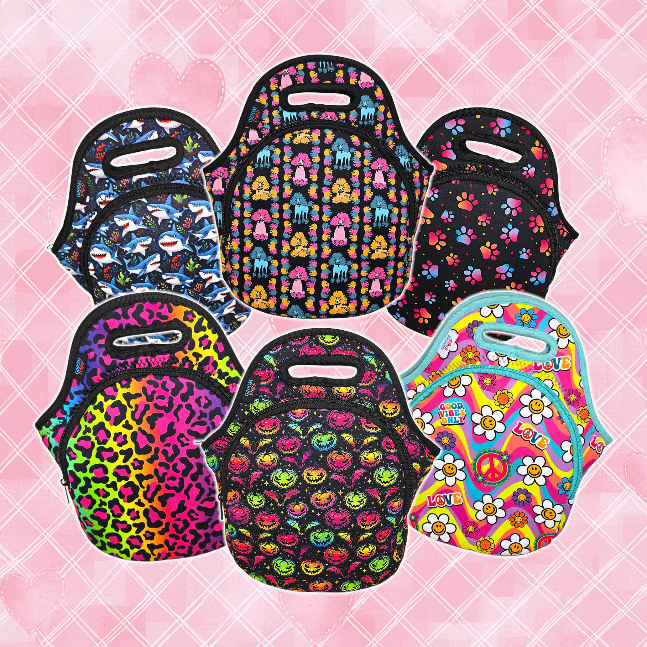 Colorful patterned bags on a pink grid background